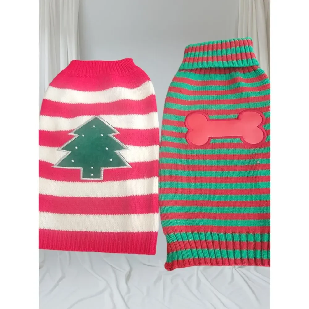 Two Dog Christmas Sweaters Green Red and Red White‎ Strip Knit Size S See notes